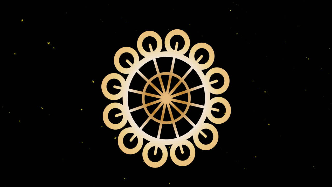 검은 바탕에 움직이는  ⁇  별 위에 금색 원형 디자인의 애니메이션
