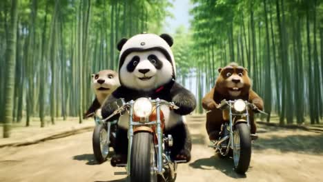 a thrilling adventure awaits: animated animals ride motorcycles through a lush bamboo forest, showcasing friendship and fun on two wheels