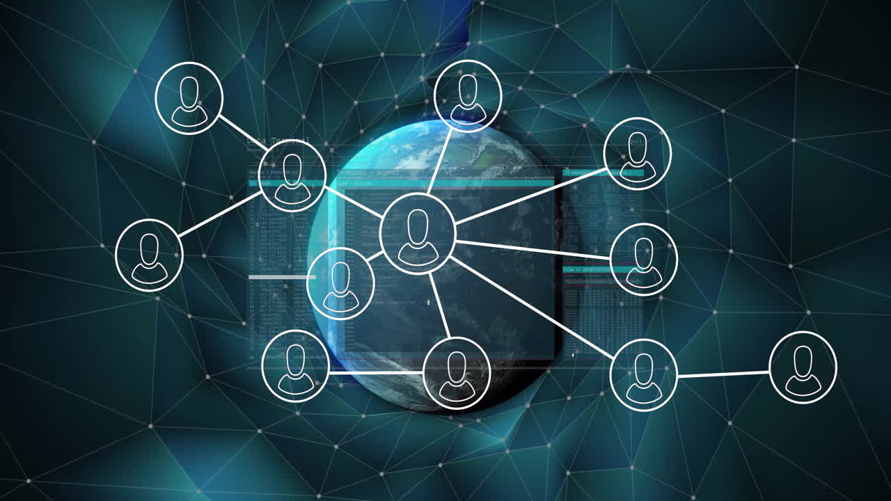 Animation of network of connections with icons over globe