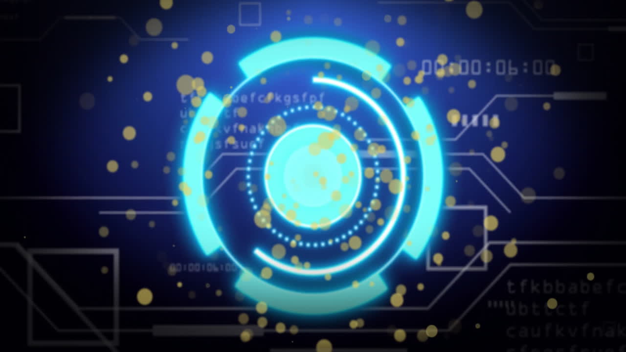 데이터 처리 요소와 노란색 입자로 회전하는 파란색 원형 애니메이션