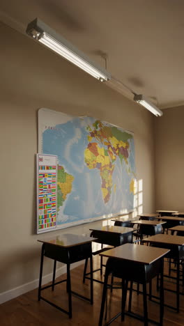 classroom with a world map