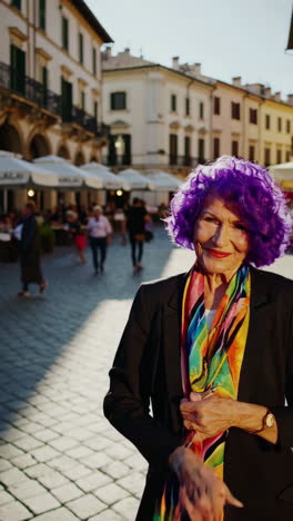 joyful elderly woman with vibrant purple hair and colorful scarf on a european street