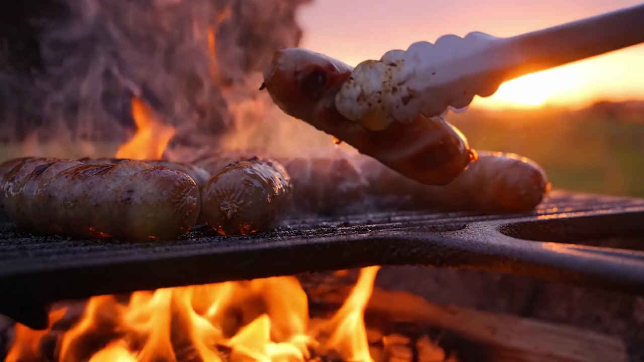 Grilling Sausages Over a Vibrant Sunset, Capturing the Essence of Outdoor Cooking with Flames Dancing in a Rustic Setting