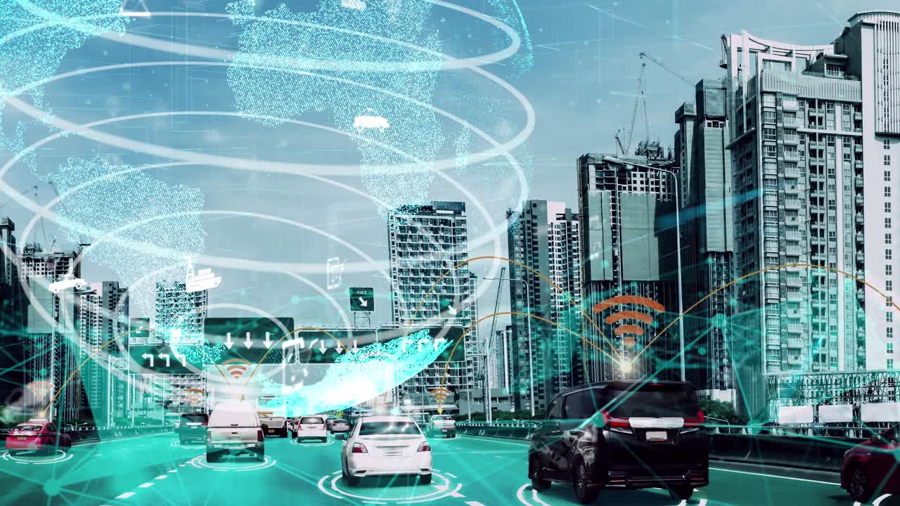 concepto de tecnología de transporte inteligente para el futuro tráfico de automóviles en la carretera de la ciudad de newish