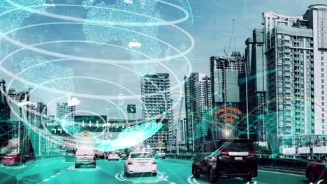 smart transport technology concept for future car traffic on newish city road