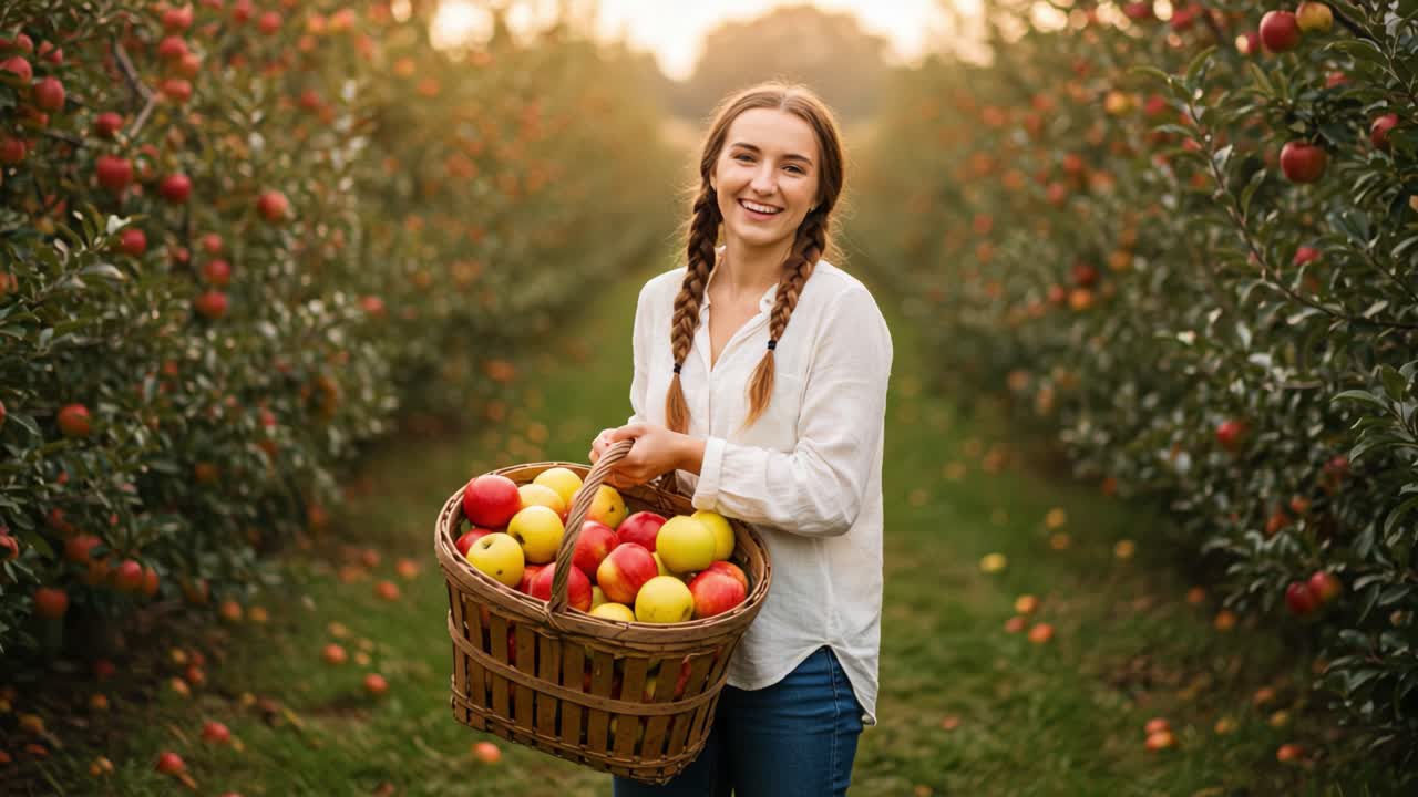 A Joyful Autumn Day in the Orchard: Young Woman Smiling While Holding a Basket of Freshly Picked Apples Surrounded by Lush Greenery and Vibrant Fruit