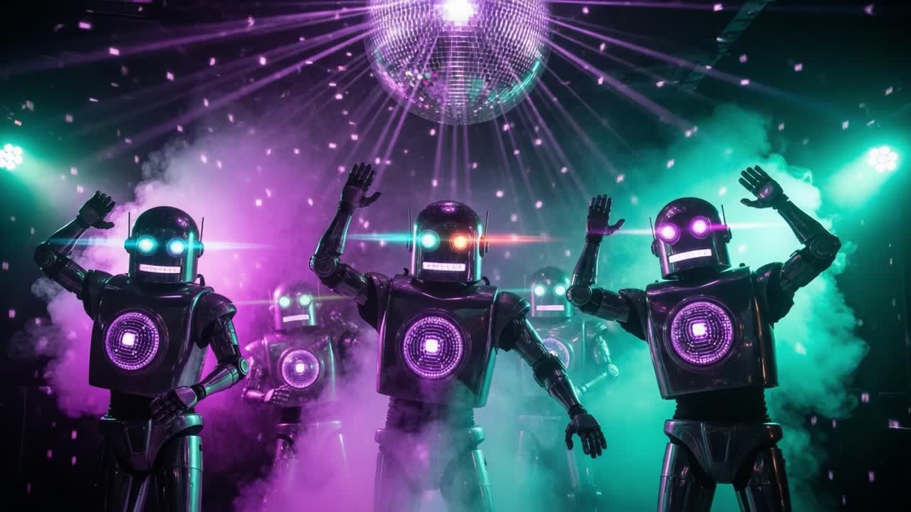 A Vibrant Dance Performance by Futuristic Robots Under Colorful Disco Lights and a Shimmering Disco Ball, Creating a Captivating Atmosphere of Celebration and Rhythm