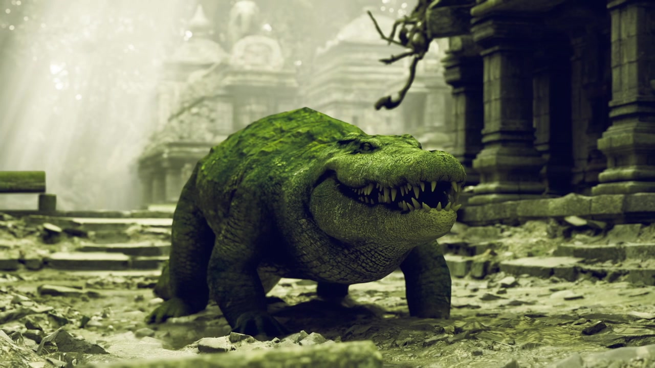 Curioso coccodrillo ricoperto di muschio si aggira in un ambiente di tempio storico con la nebbia.