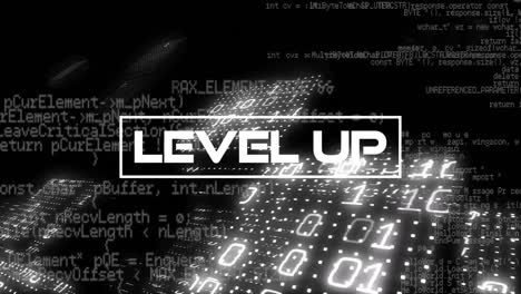 animation of level up text over programming language and binary codes