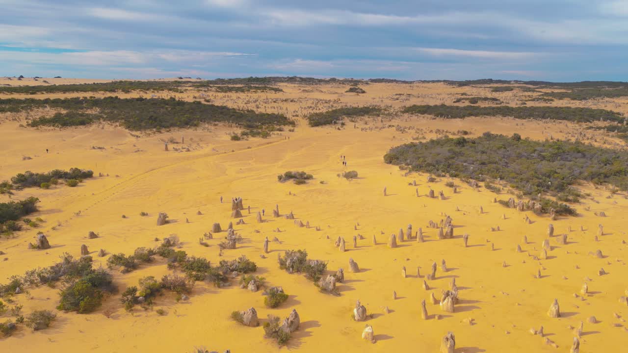 Aerial footage of a slow horizontal pan of the Pinnacles Desert