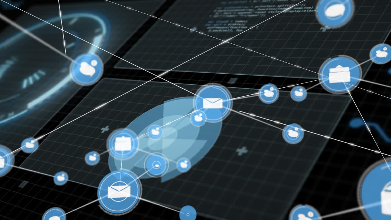 animación de la red de conexiones con iconos sobre el procesamiento de datos