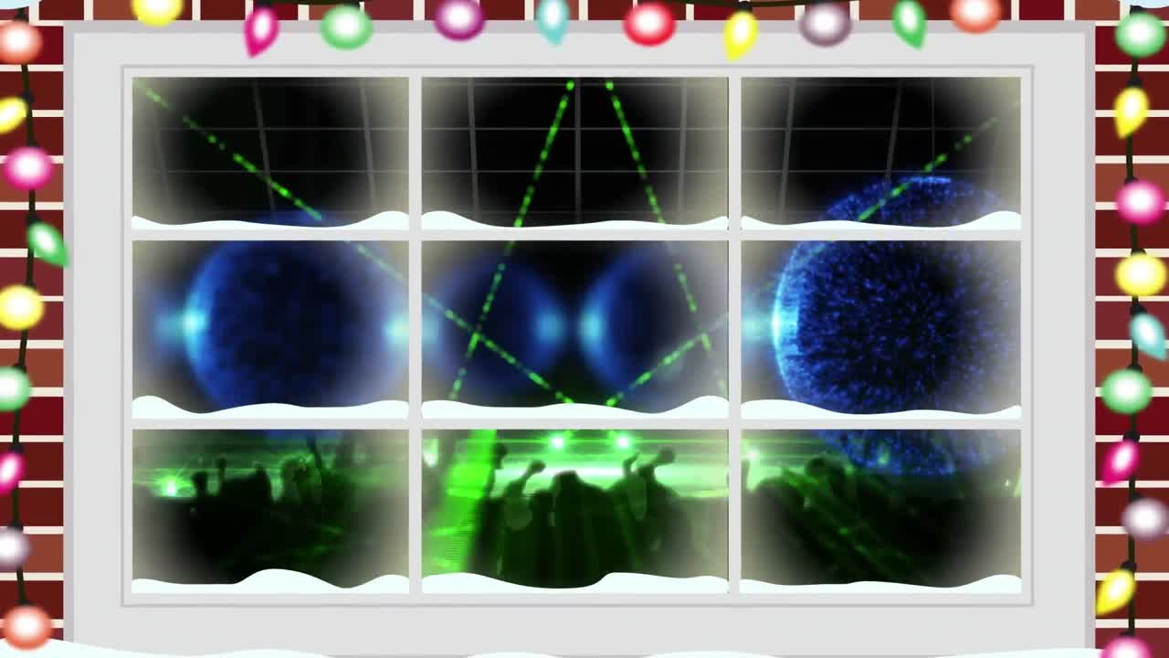 춤추는 사람들의 실루 ⁇  위의 디스코 조명에 맞춰 창문 프레임 위의 요정 불빛