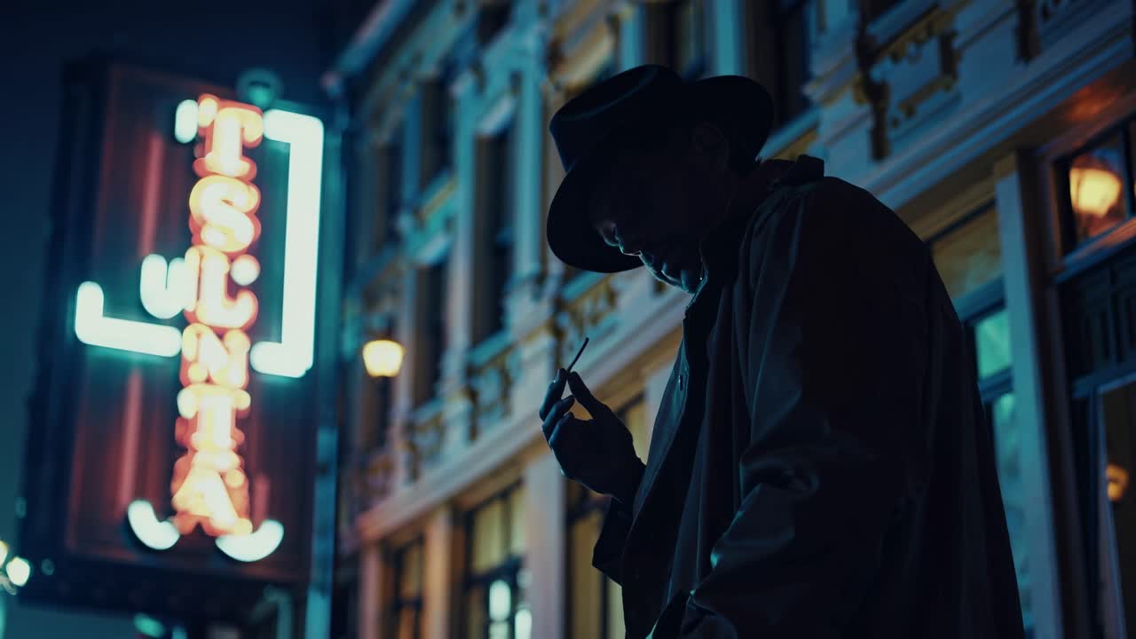 A moody, noir-style video scene with a low-angle shot of a man in a trench coat and hat