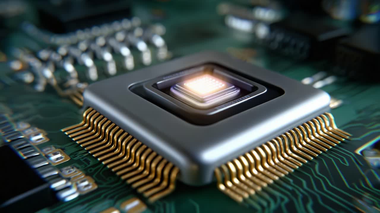 Close-up View of a High-Performance Microchip on a Motherboard, Showcasing Advanced Technology and Precision Engineering in the Context of Modern Electronics and Computing Innovations