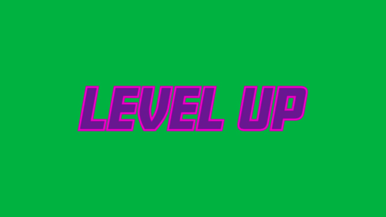 Saat diputar, teks LEVEL UP magenta meluncur masuk, bergema menyatu ke tengah, menampilkan judul di latar belakang transparan