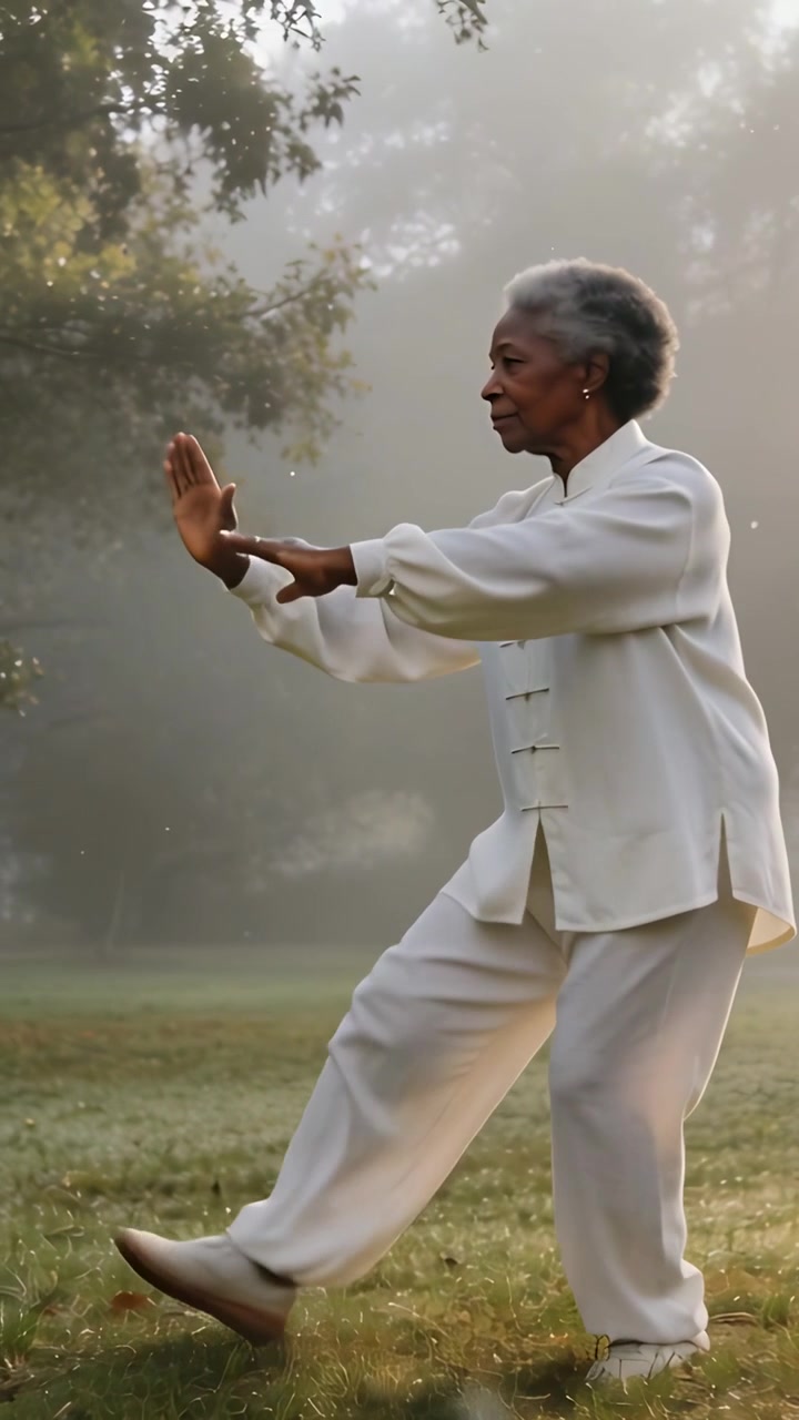 Video verticale: Donna anziana che pratica tai chi sull'erba nebbiosa all'alba in uniforme bianca per la calma