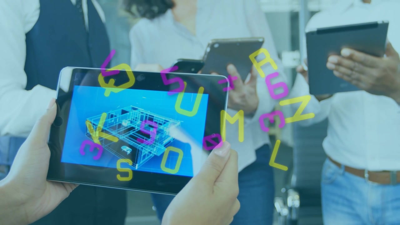 Woman holding tablet adjusting, tech team tapping pads causing letters obscuring, clearing 3D model