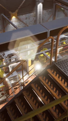 a view of a factory with stairs leading up to a platform. there is a robot arm in the background.