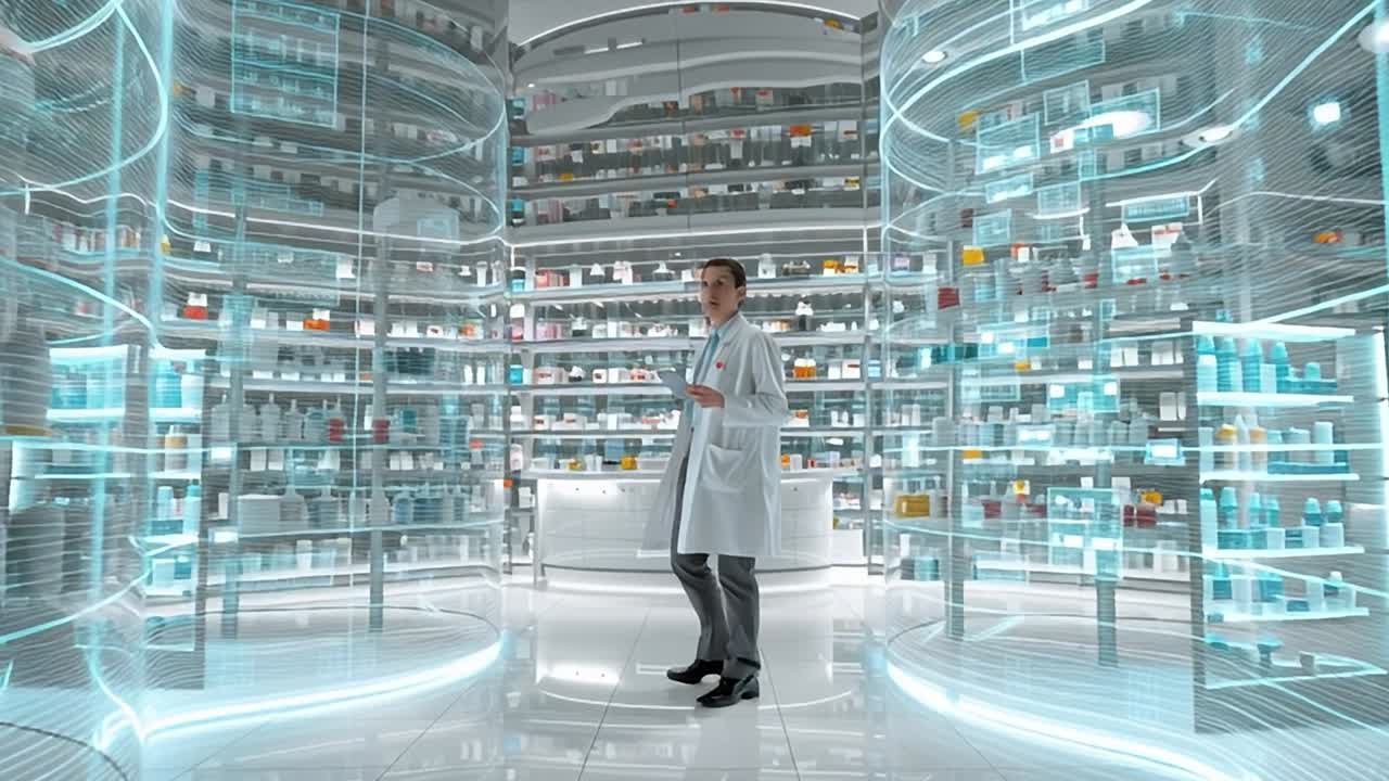 Scienziato esplora un laboratorio futuristico pieno di sostanze colorate