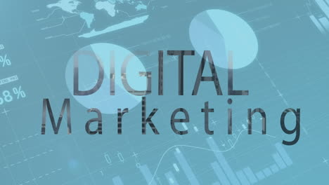 animation von digitalem marketingtext über datenverarbeitung auf blauem hintergrund