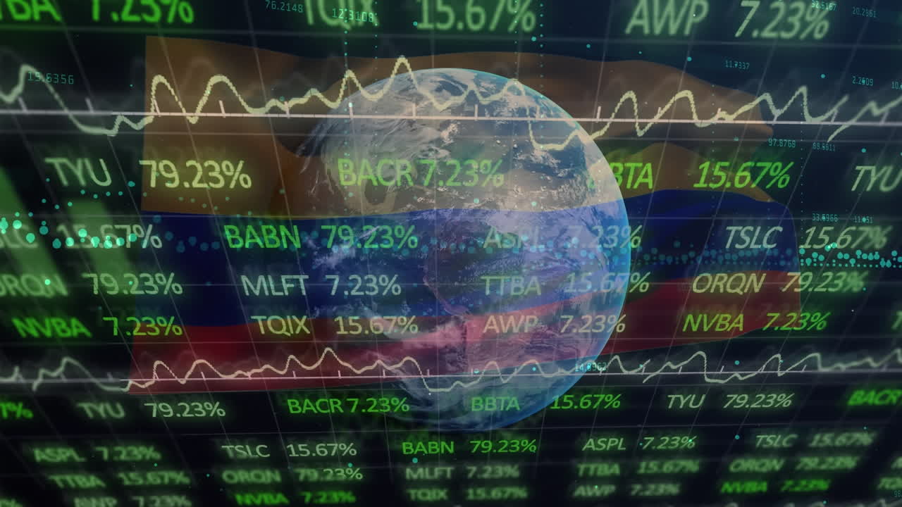 데이터 처리의 애니메이션과 블랙 배경에 콜롬비아의  ⁇ 발 위의 지구