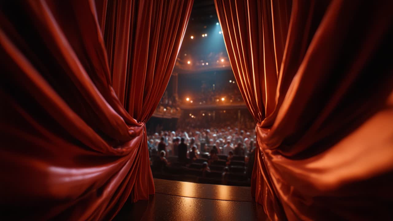 Una Vista Accattivante dal Sipario del Palcoscenico che Rivelava un Pubblico Attento in una Drammatica Rappresentazione Teatrale Illuminata da Luci Sceniche Brillanti