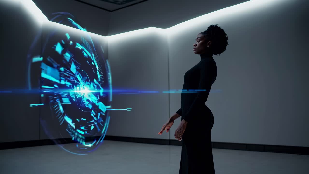 Futuristic video concept with a side angle view of a woman interacting with a glowing holographic