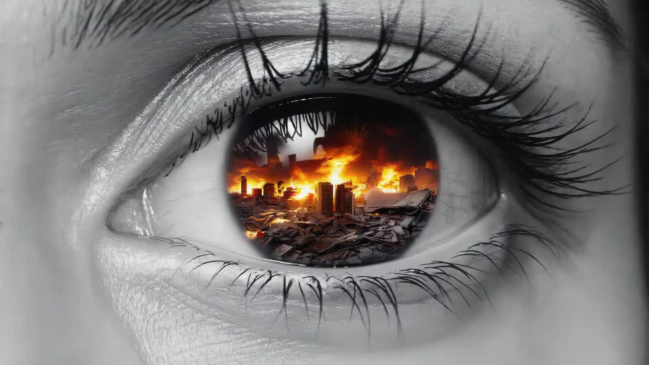 Apocalyptic Eye: A City in Flames Reflected in the Human Eye