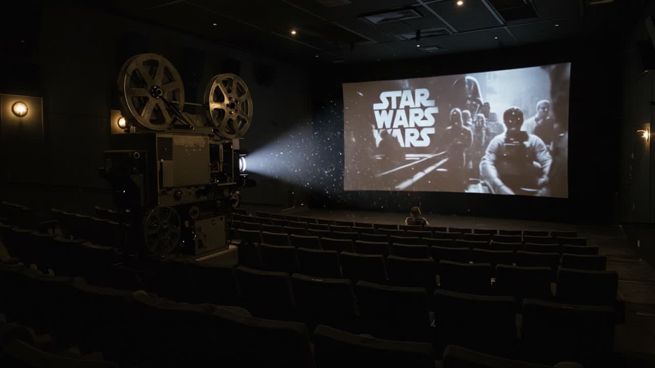 A Captivating Scene from an Old-School Cinema, Showcasing a Classic Film Projector Casting Light onto an Empty Screen in an Intimate Movie Theater Setting