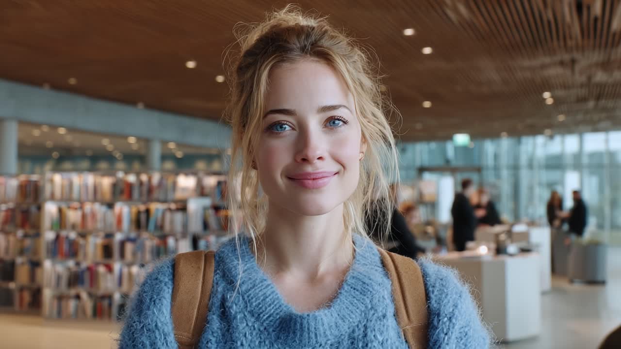 Una giovane donna solare e allegra sorride in una biblioteca moderna, mostrando un accogliente maglione su uno sfondo di scaffali di libri e architettura accogliente