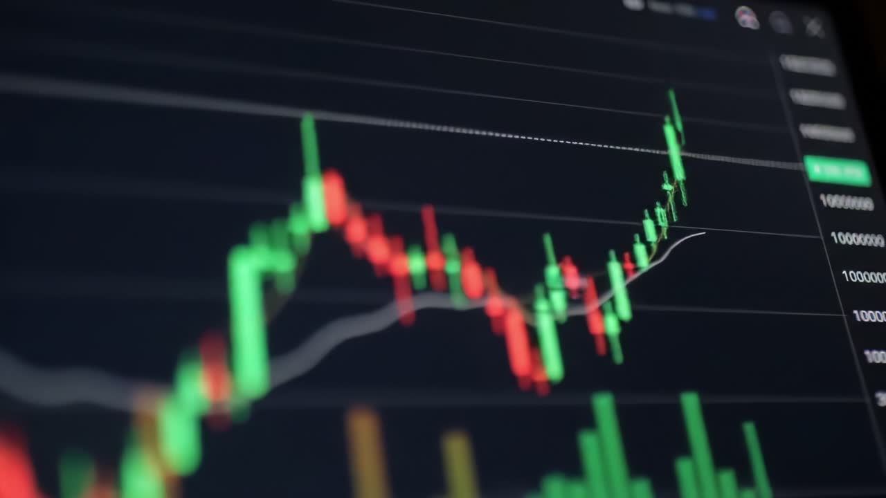 Analyzing Financial Market Trends: A Close-Up View of Stock Price Movements Highlighted on Digital Chart with Colorful Candlestick Representation