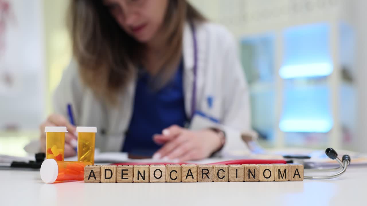 Palavra Adenocarcinoma em Blocos com Médico Trabalhando em Consultório Médico