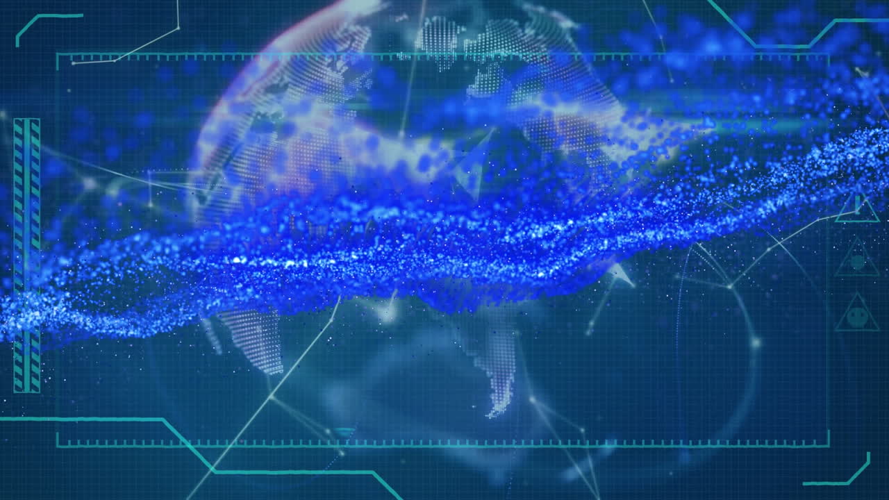 파란색 배경의 연결 네트워크에 대한 파란색 디지털 파동의 디지털 애니메이션