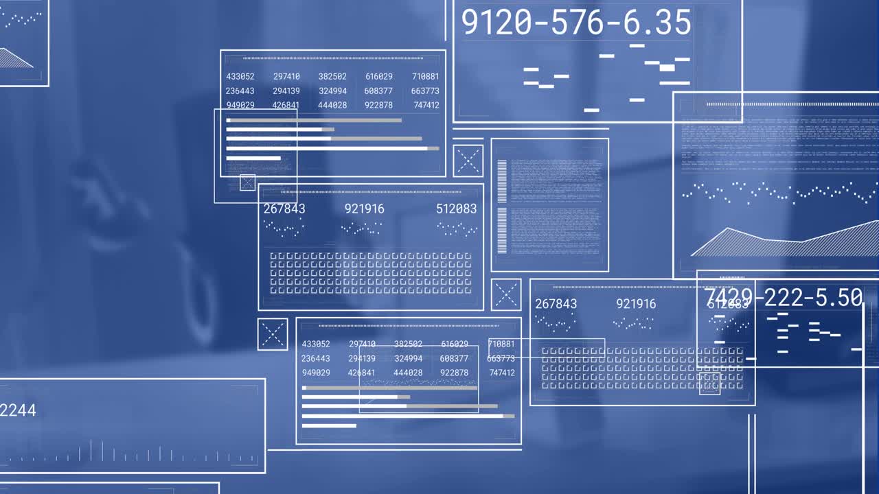 Animation of data processing over office desk with computer