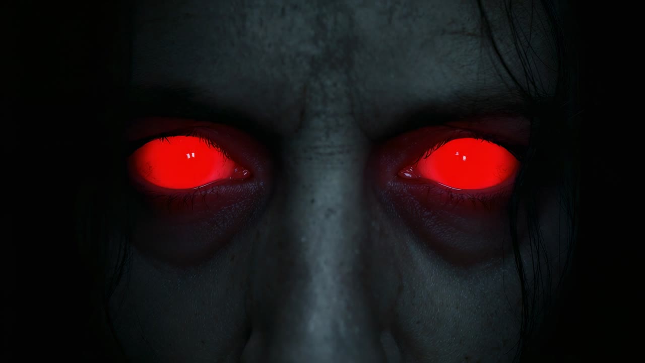 Faint glimmer appearing in pupil of centered face in pitch-black void, illuminating skin red