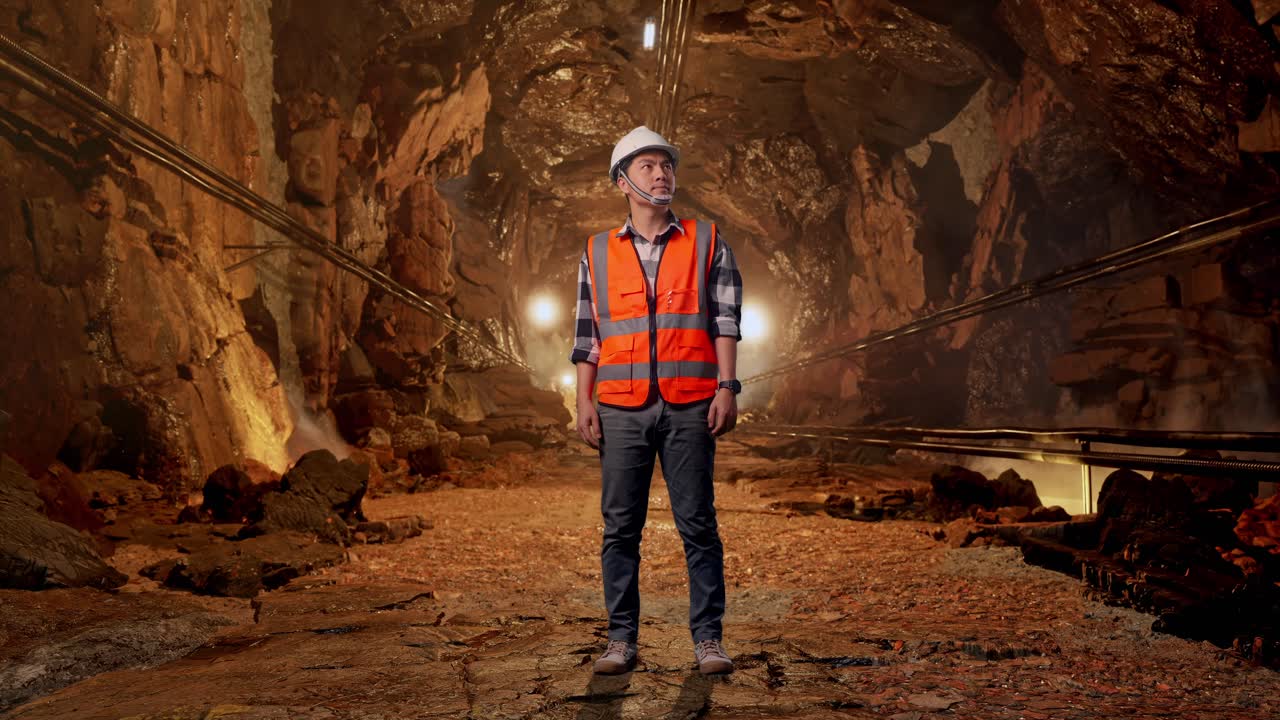 Full Body Of Asian Male Engineer With Safety Helmet Looking Around While Standing In Underground Mine Tunnel