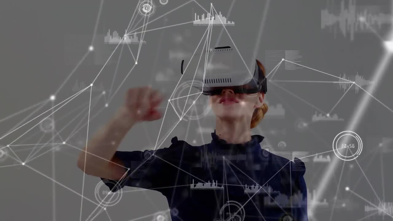 Animation of network of connections over businesswoman wearing vr headsets