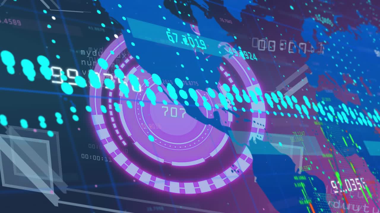 Top-left blue map sweeping onto magenta HUD, rotating ring and teal ovals flowing, showing numbers