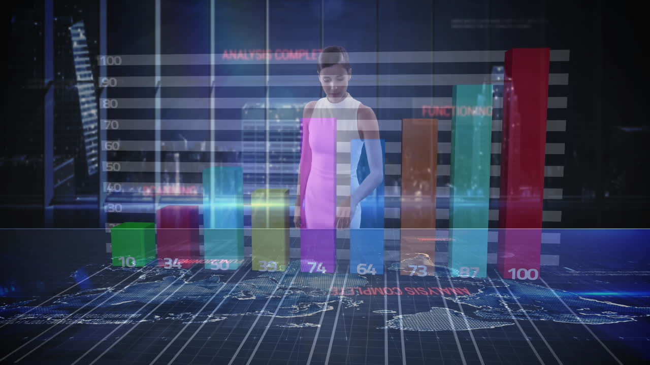 Analyzing colorful bar graphs, businesswoman using digital world map interface animation