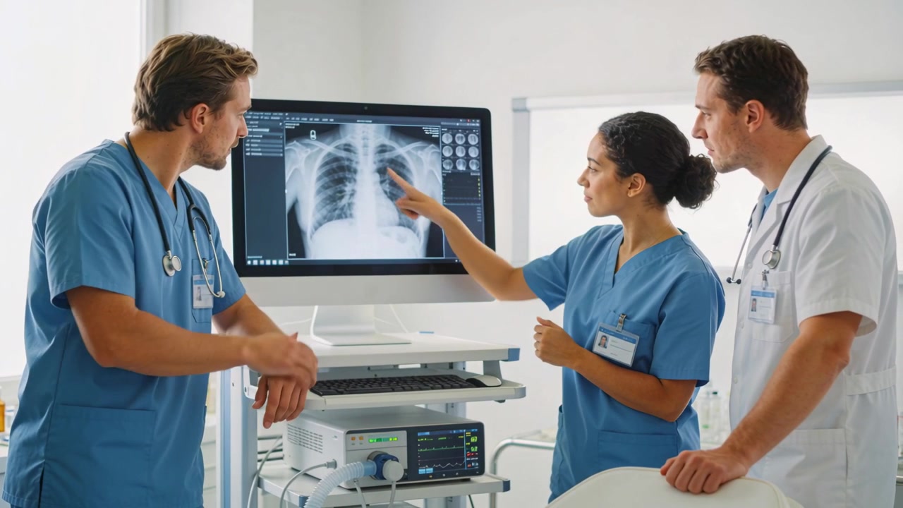Pointing team in scrubs and lab coat debating chest X-ray on monitor at clinic with stethoscope