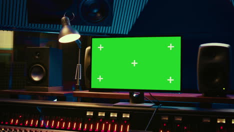 control room with greenscreen running on computer next to buttons and sliders