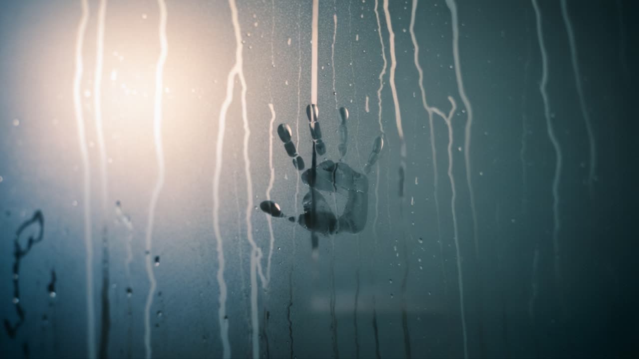 A Haunting Presence: The Captivating Journey Through Fogged Glass with an Eerie Handprint, Evoking Mystery and Emotion in Every Glance