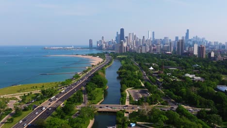 backward drone shot reveals diversey harbor in lincoln park, chicago. summer day