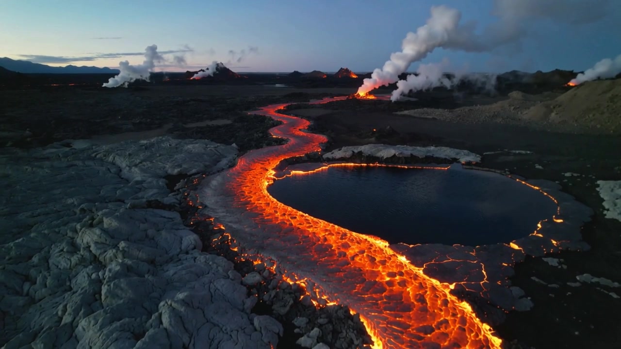 Erupting vents feeding molten lava channel flowing across volcanic field at dusk, with glowing pool