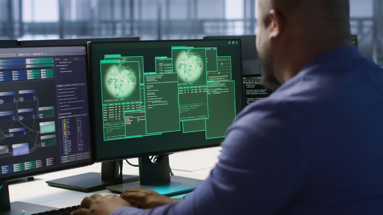 hombre trabajando en múltiples pantallas de computadora en un entorno de oficina moderno