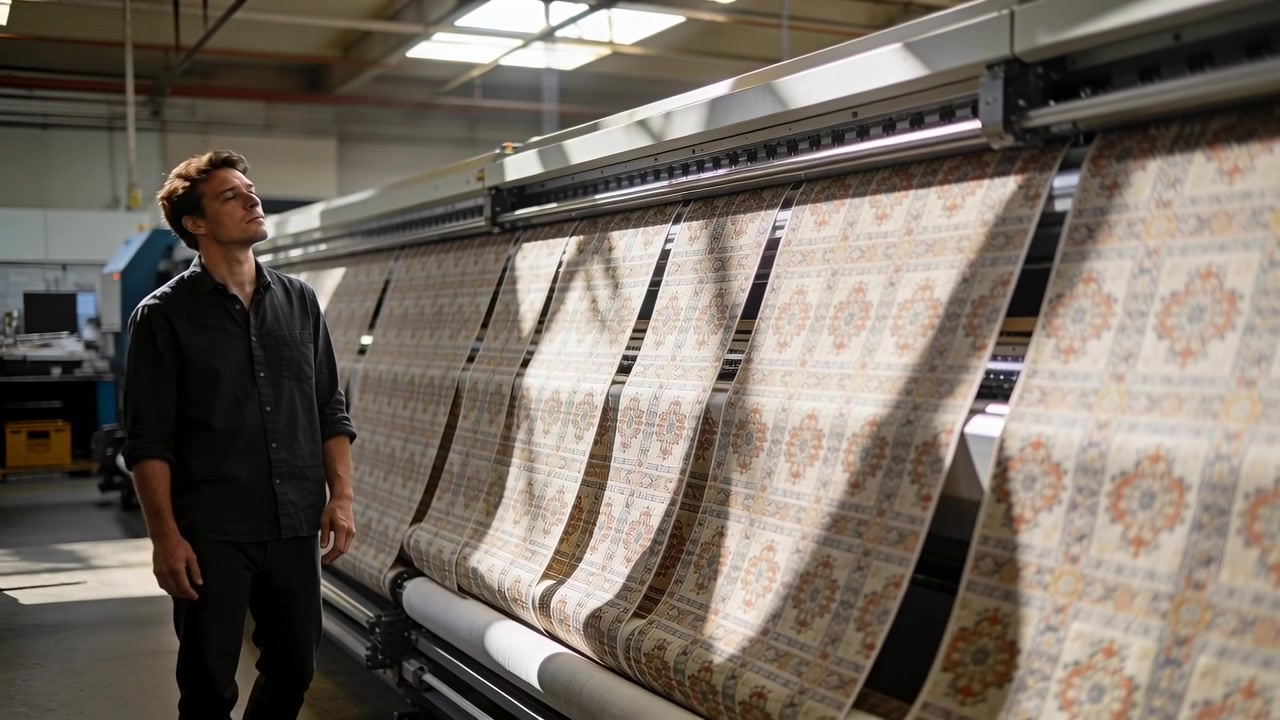 Printer producing rolls urging man in dark shirt scanning output for defects at factory, copy space