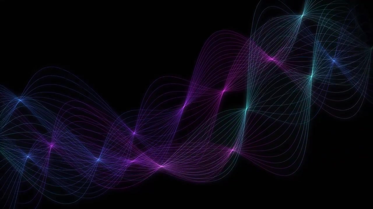 Luminous purple, pink, and cyan wavy light trails flowing continuously against a black background.