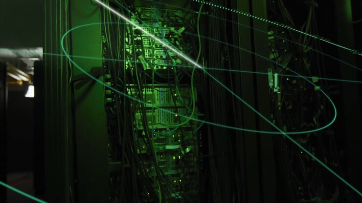 Animaton of scope scanning against close up of a computer server