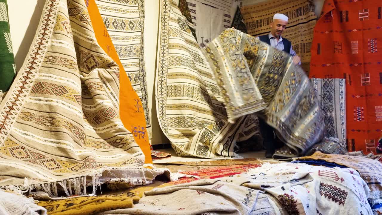 Man in traditional clothing folding a carpet in his shop in the center of oasis town Ghardaia Algeria