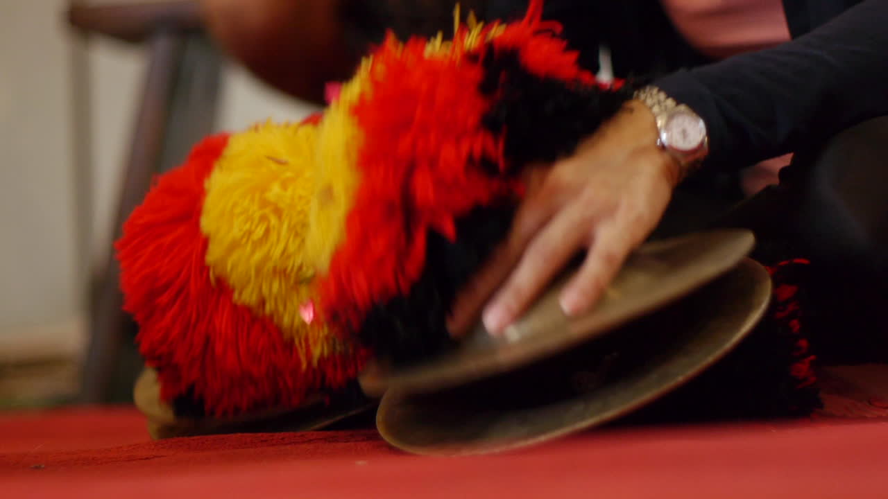 украшенные тарелки, на которых играют руками во время выступления, снято крупным планом